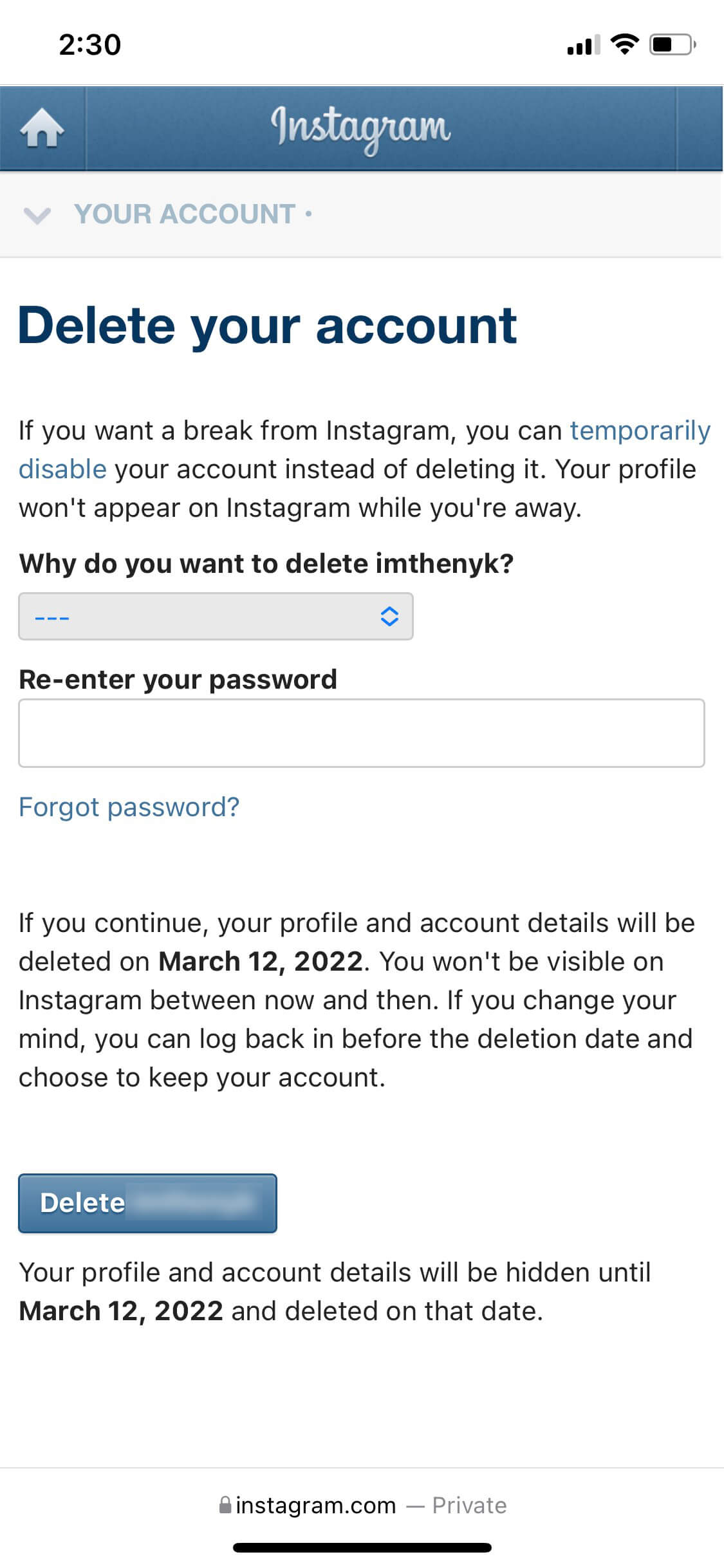 Permanently Remove Instagram Account on iPhone